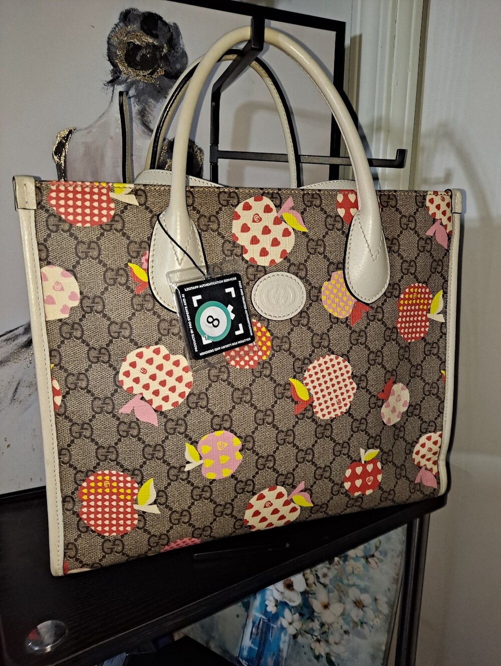Gucci Beige Canvas GG Supreme Tote with Multicolor Heart Apples